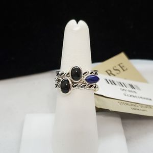 Barse Sterling Set of 3 Onyx & Lapis Stack Rings NWT
